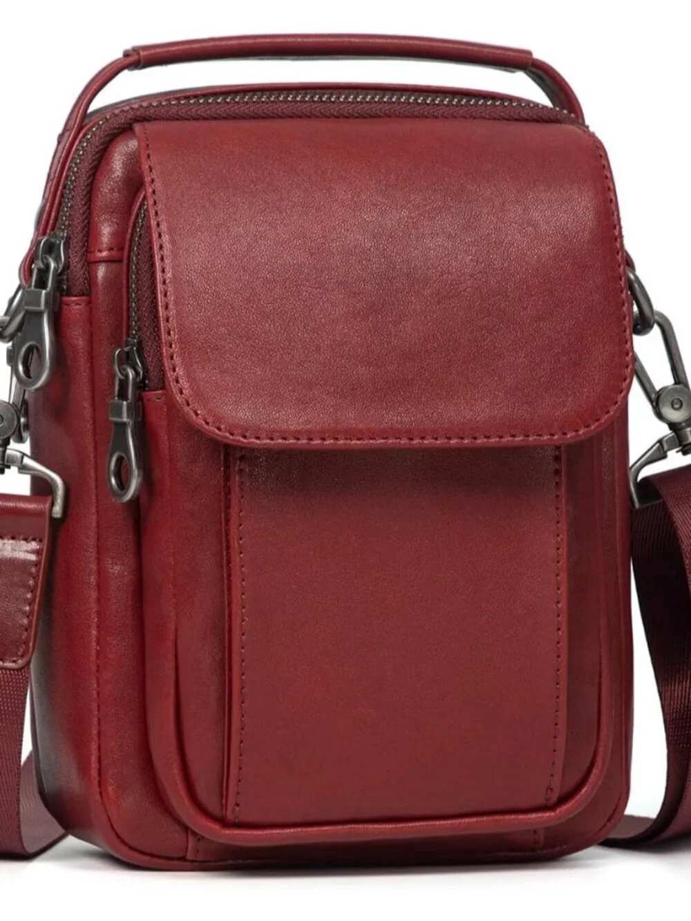 Men's Burgundy Leather Shoulder Sling Travel Crossbody Stylish Magnetic Bag